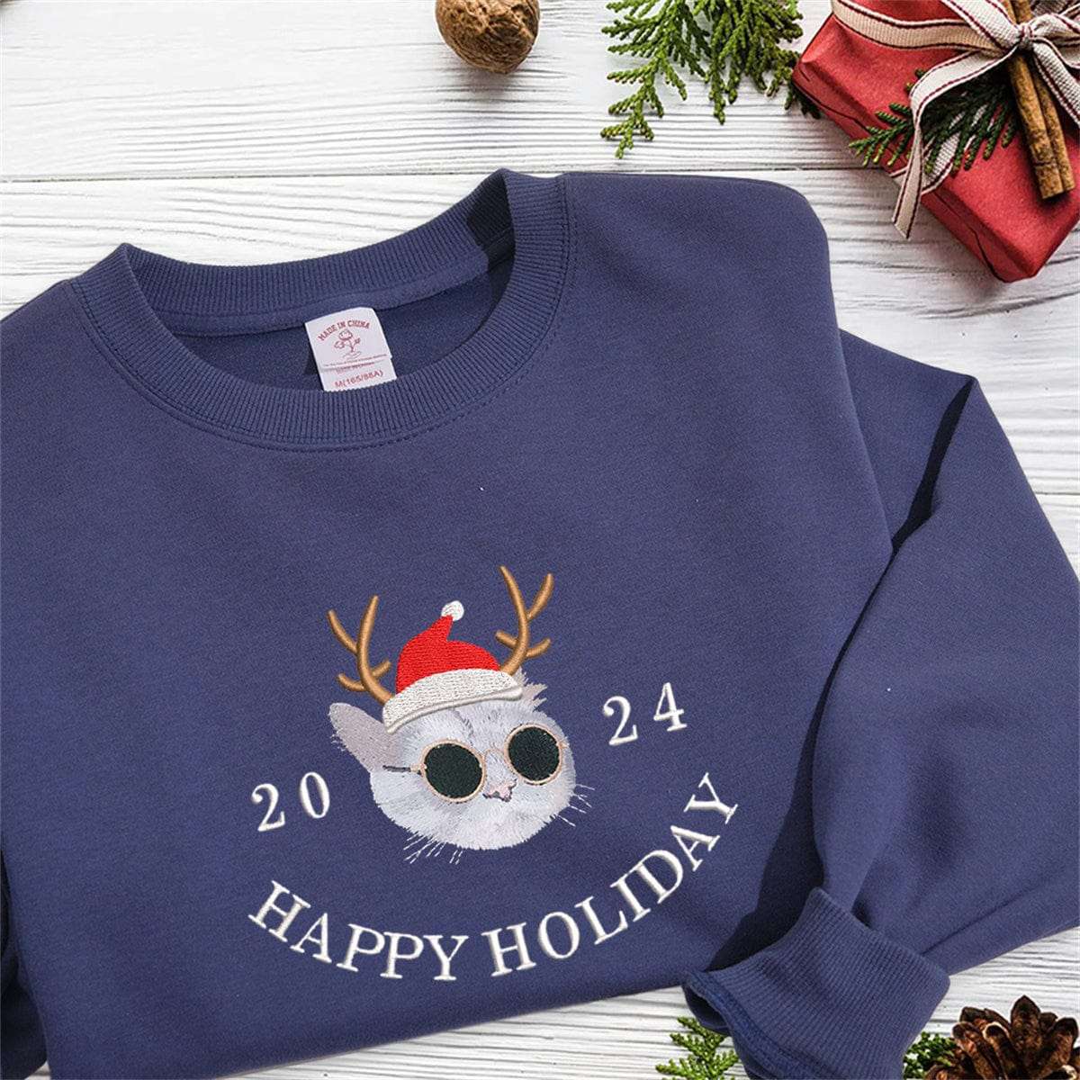 Embroidered Pet Christmas Hat Sweatshirt | Comfortable T-Shirt and Hoodie | Unique Personalized Design to Showcase You and Your Pet's Holiday Spirit new