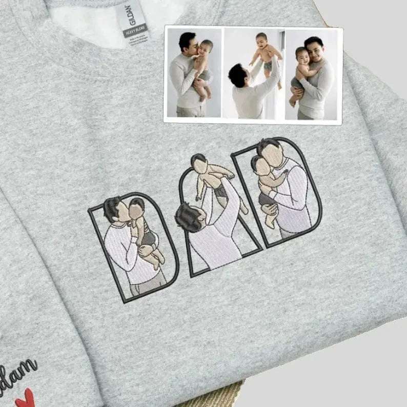 Dad Hoodie with Kid Portrait Embroidery | Personalized Photo-Based Sweatshirt | Memorial Gift Idea