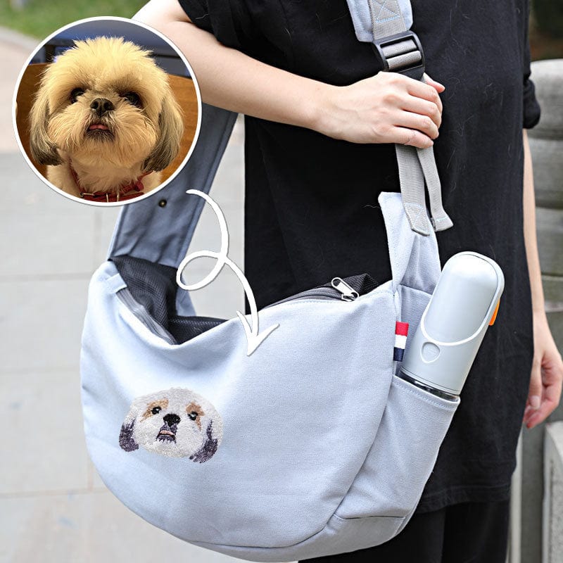 Personalisierter grauer Hundetragetuch für kleine Hunde - Benutzerdefinierter bestickter Haustiertragetuch - Individuelle freihändige Doogie Sling Brusttasche