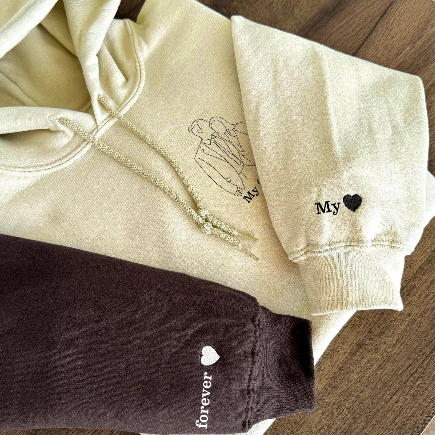 Custom embroidered couples sweatshirts: upload photos and personalize text, choose from15 colors to create a unique, one-of-a-kind gift