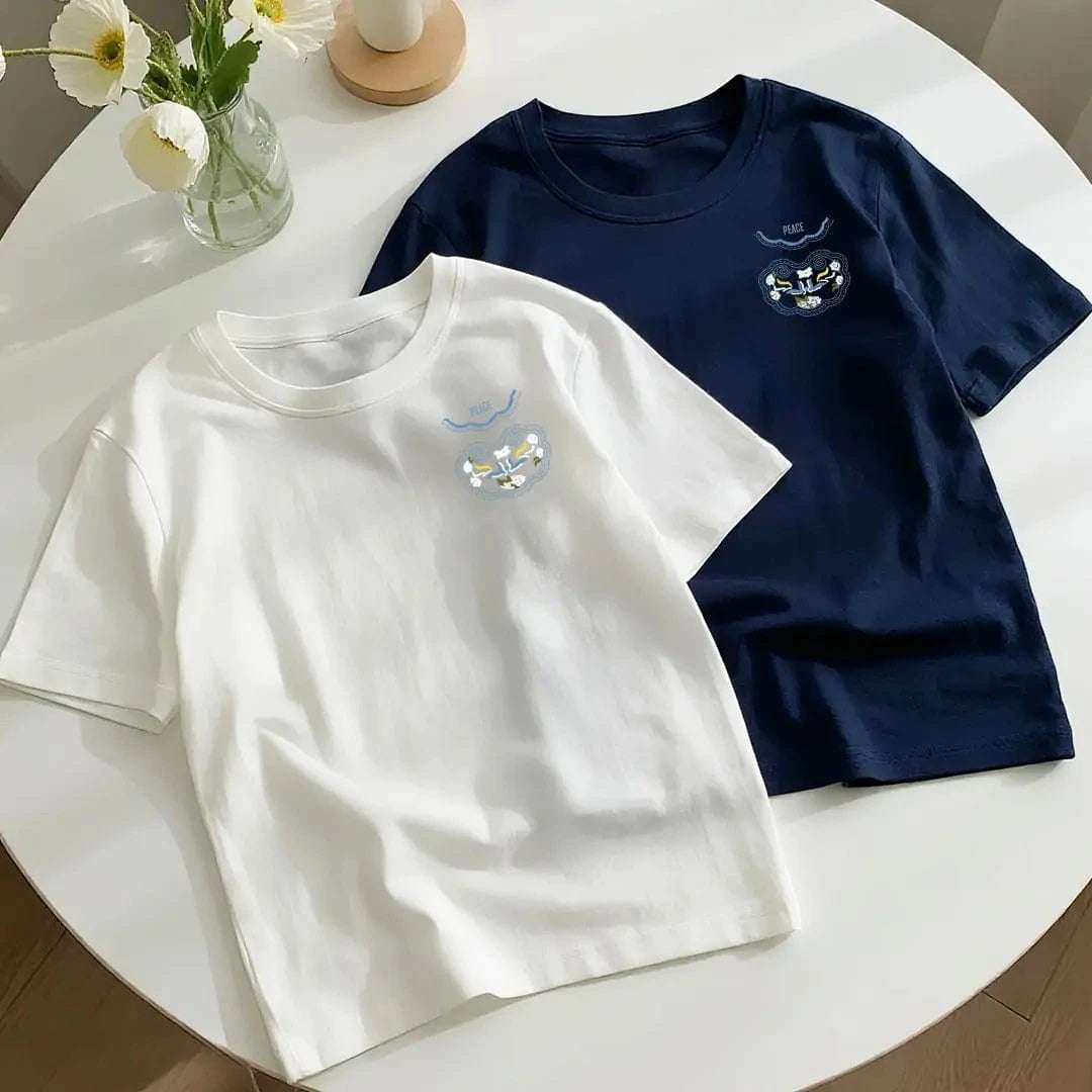 New Arrivals Heavyweight Cotton T-shirt Auspicious Cloud Embroidery Symbolizing Good Luck and Happiness