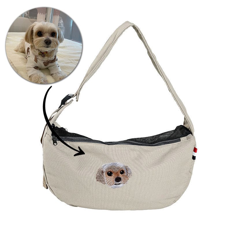 Personalisierter grauer Hundetragetuch für kleine Hunde - Benutzerdefinierter bestickter Haustiertragetuch - Individuelle freihändige Doogie Sling Brusttasche