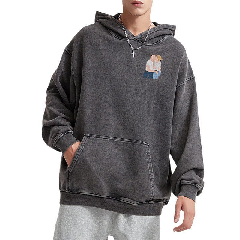 Washed hoodie Portrait embroider music player Couple family gift