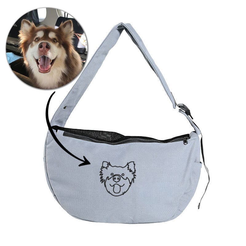 Personalisierter grauer Hundetragetuch für kleine Hunde - Benutzerdefinierter bestickter Haustiertragetuch - Individuelle freihändige Doogie Sling Brusttasche
