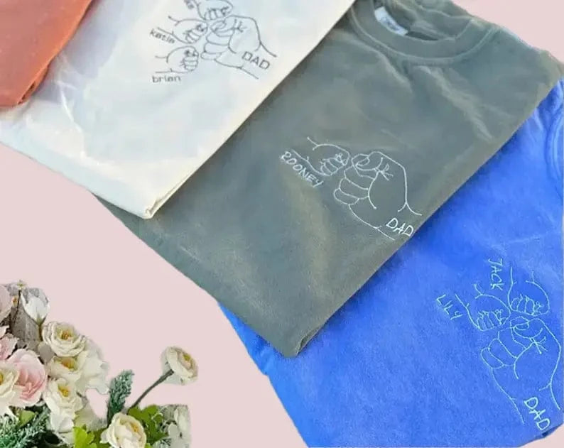 Custom Family T-Shirt: Embroidered Dad Fist Bump with Kids' Names – Perfect Father's Day Gift Tee