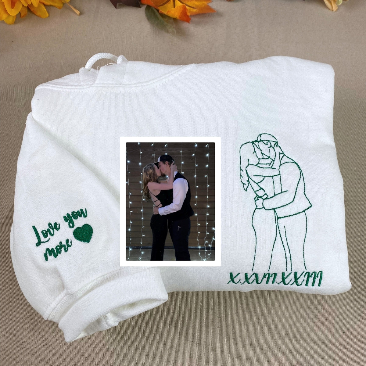 Custom Date Couple Hoodies - Photo Line Art Roman Numeral Embroidered Anniversary Sweatshirts