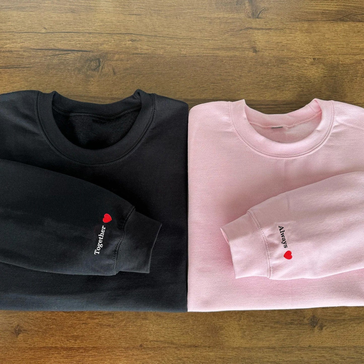 Custom embroidered couples sweatshirts: upload photos and personalize text, choose from15 colors to create a unique, one-of-a-kind gift