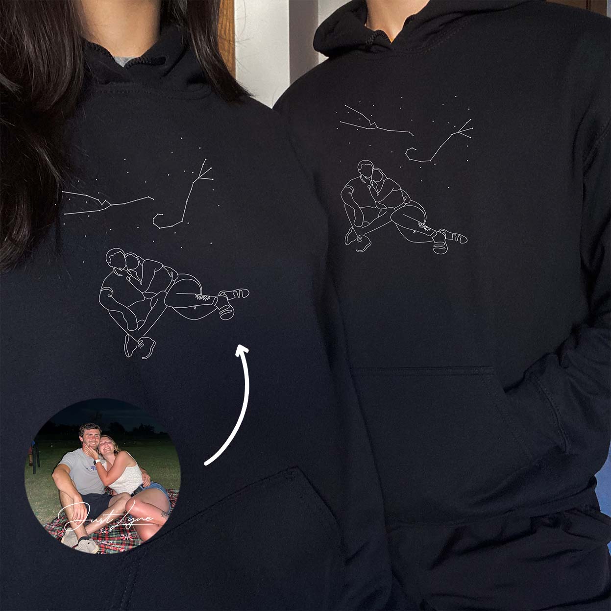 Individuell bestickter Hoodie mit Text auf dem Ärmel