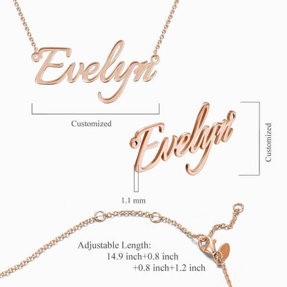 Rose-gold-tone name necklace diagram showing pendant thickness and adjustable chain