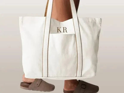 Custom Initials Tote: Natural Tan, Spacious, Pocket - Perfect Shopping Bag