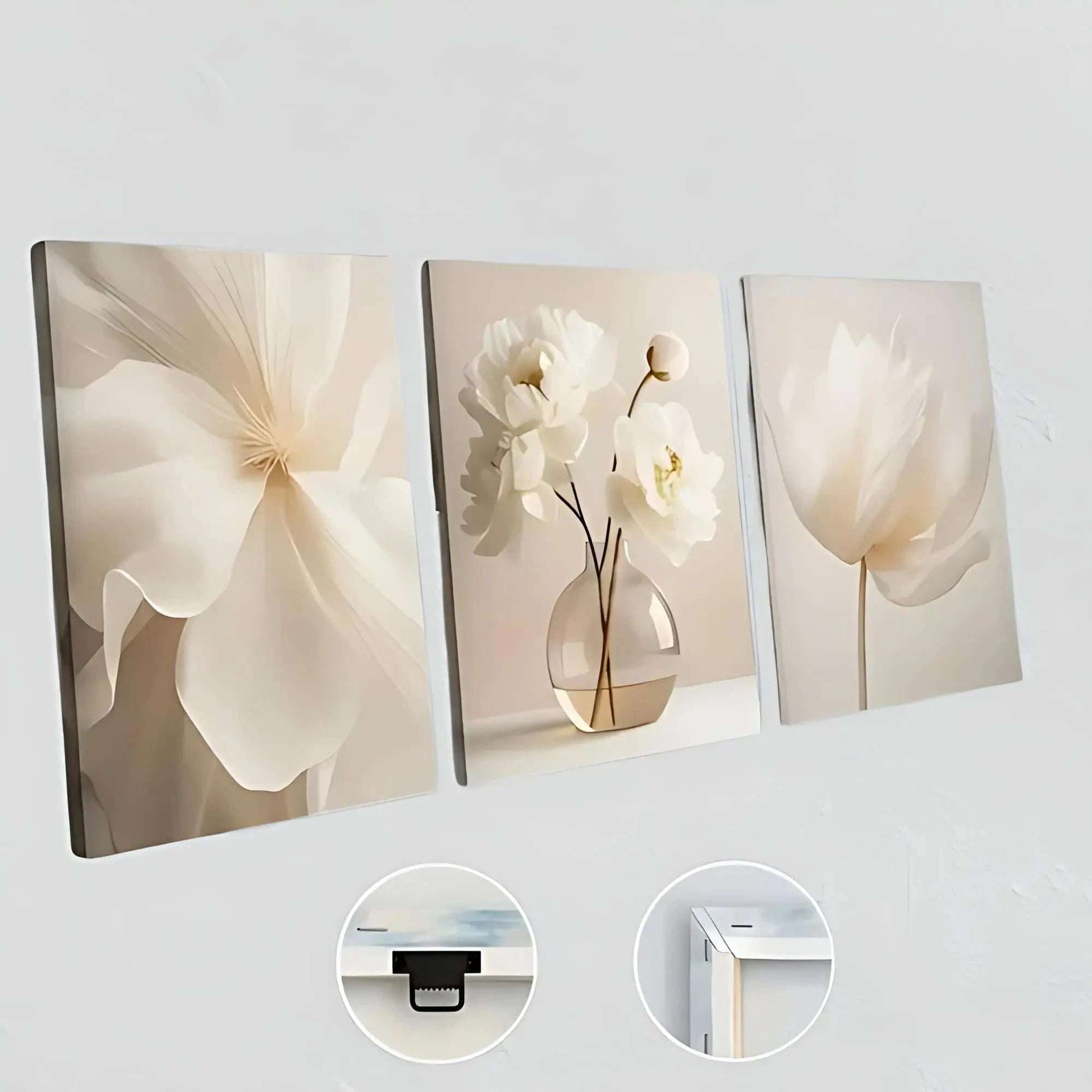 Triple Delight: Beige Floral 2D Printed Framed Art - Ideal for Every Room & a Perfect Gift!