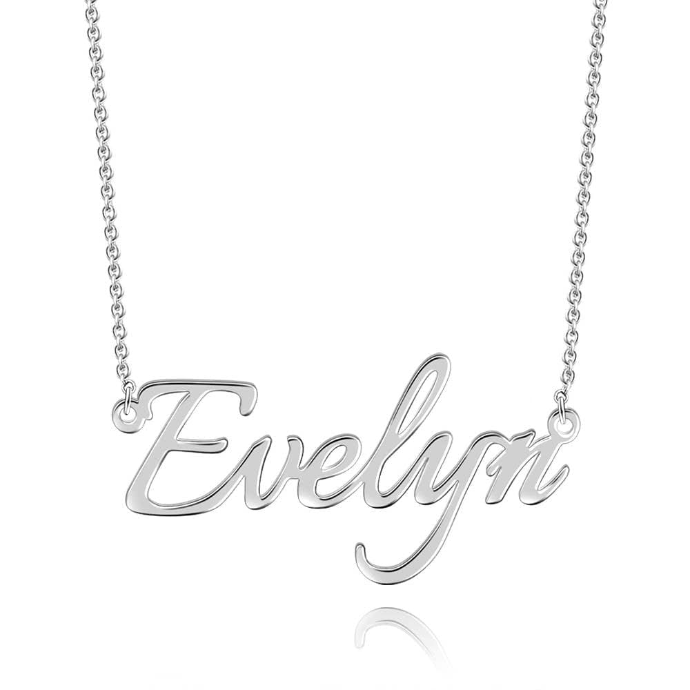 Silver-tone personalized script name pendant on a white background