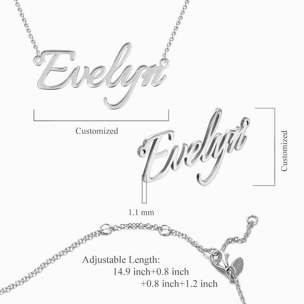 Silver-tone name necklace diagram showing pendant thickness and adjustable chain