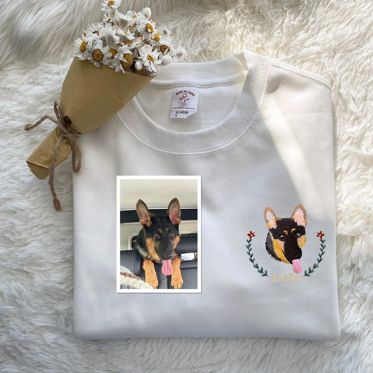 Personalized pet portrait embroidered sweatshirt created from customer photo

