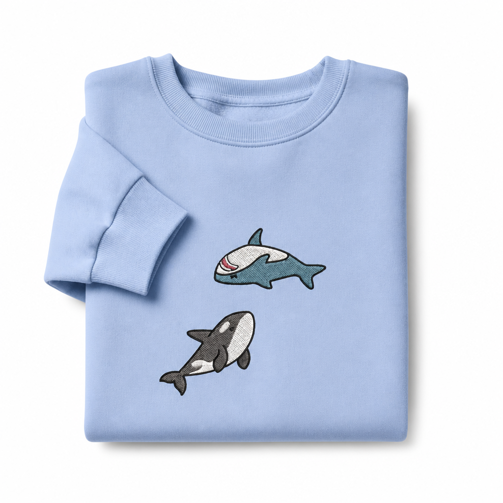 Cute Orca and Shark Embroidered Sweatshirt | Ocean Lover Gift