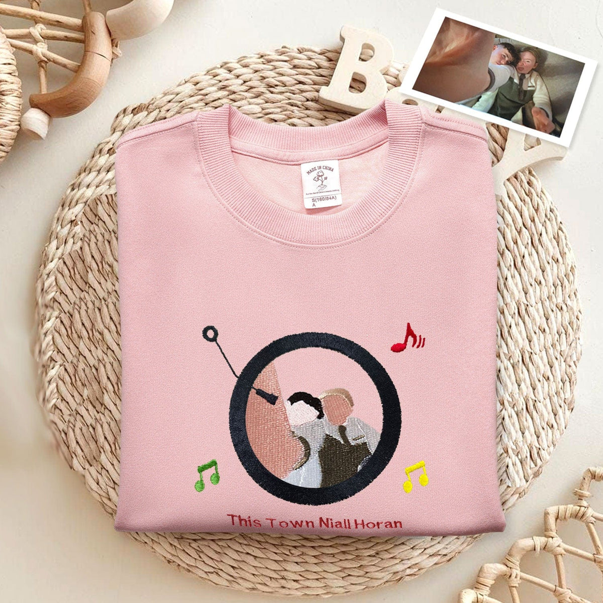 Custom embroidered couple portrait sweatshirt with music player design, romantic gift idea
