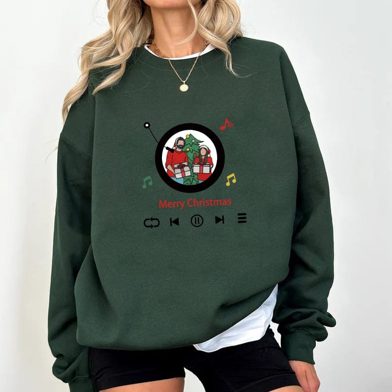 Personalized embroidered sweatshirt with custom portrait and music player artwork
green