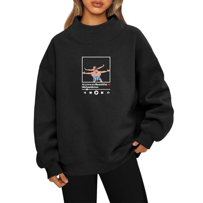 Embroidered women's sweatshirt Long sleeve high neck pullover sweatshirt casual hoodie and fleece top