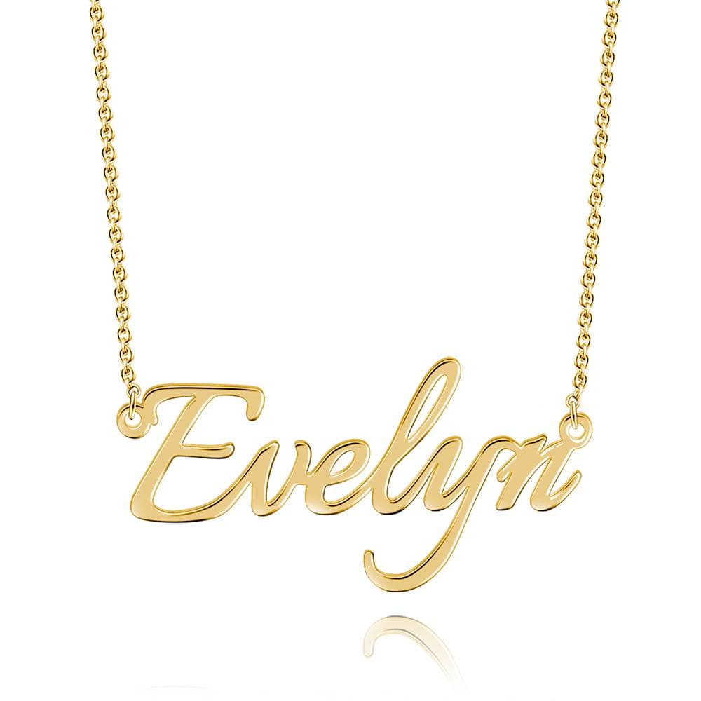 Gold-tone personalized script name pendant on a white background