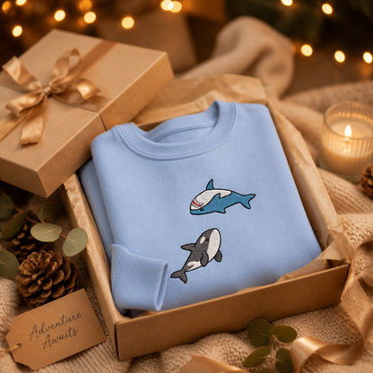 Cute Orca and Shark Embroidered Sweatshirt | Ocean Lover Gift