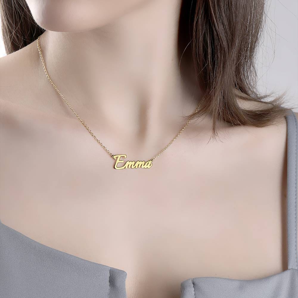 Model wearing a gold-tone Emma name necklace
