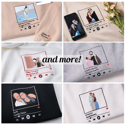 Music Player Elements Combined with Couple Photos | Unique Design Embroidered Hoodie for Couples | Fall Edition, Perfect Couples Gift