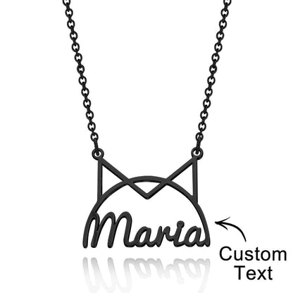 Black cat-ear name necklace showing custom text placement