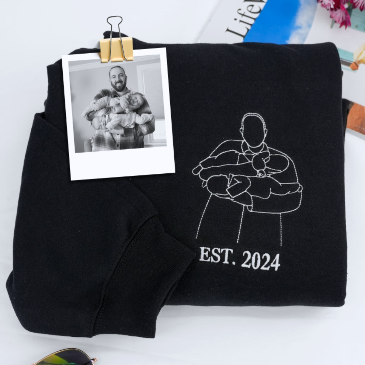Custom Dad EST Hoodies - New Father Photo Line Art Embroidered Sweatshirts - Father's Day Gift