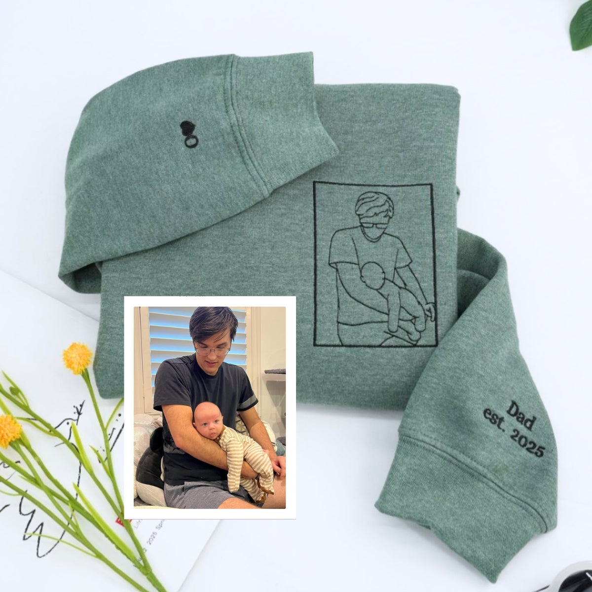 Dad Line Art Portrait Hoodies - Custom Father Baby Embroidered Sweatshirts - Perfect New Dad Father's Day Gift