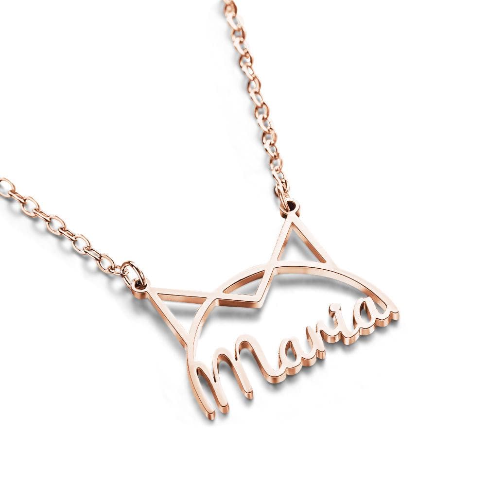 Rose-gold-tone cat-ear Maria pendant shown at an angle