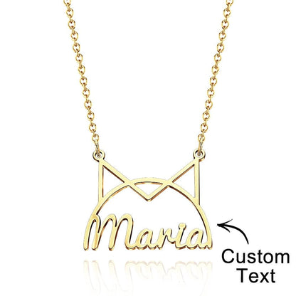 Gold-tone cat-ear name necklace showing custom text placement
