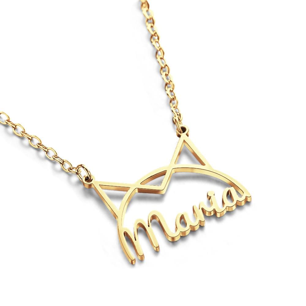 Gold-tone cat-ear Maria pendant shown at an angle