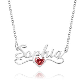 Silver-tone script name necklace with a red heart-shaped stone