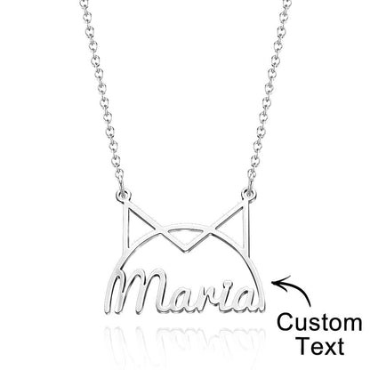 Silver-tone cat-ear name necklace showing custom text placement