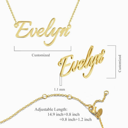 Gold-tone name necklace diagram showing pendant thickness and adjustable chain