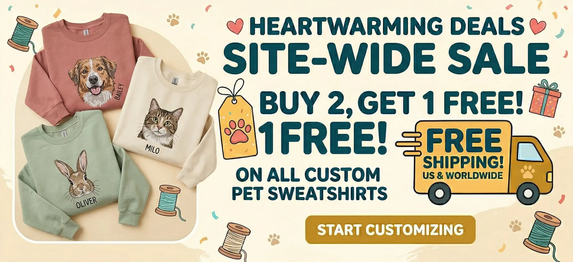 MysticHot site-wide sale banner: Buy 2 get 1 free with free shipping on custom pet portrait sweatshirts featuring a dog, cat, and rabbit. homepage banner