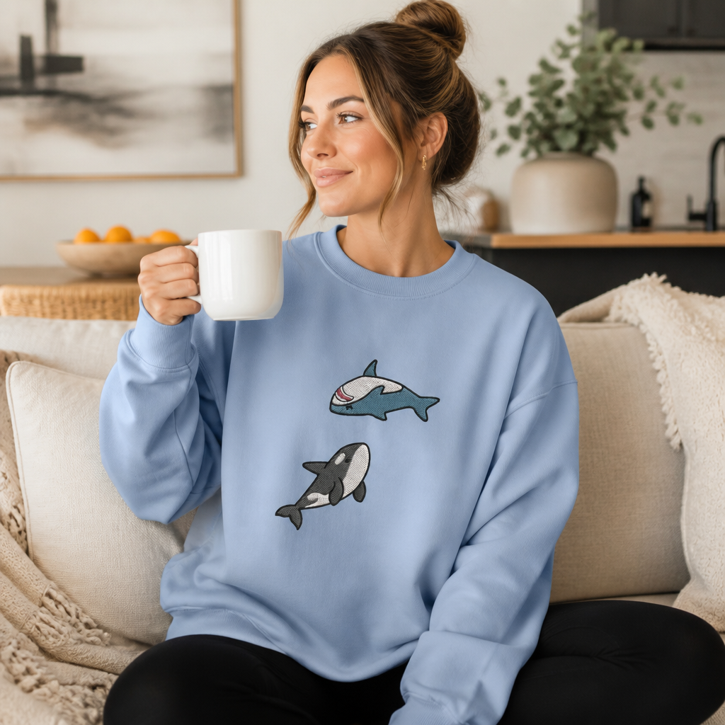Cute Orca and Shark Embroidered Sweatshirt | Ocean Lover Gift