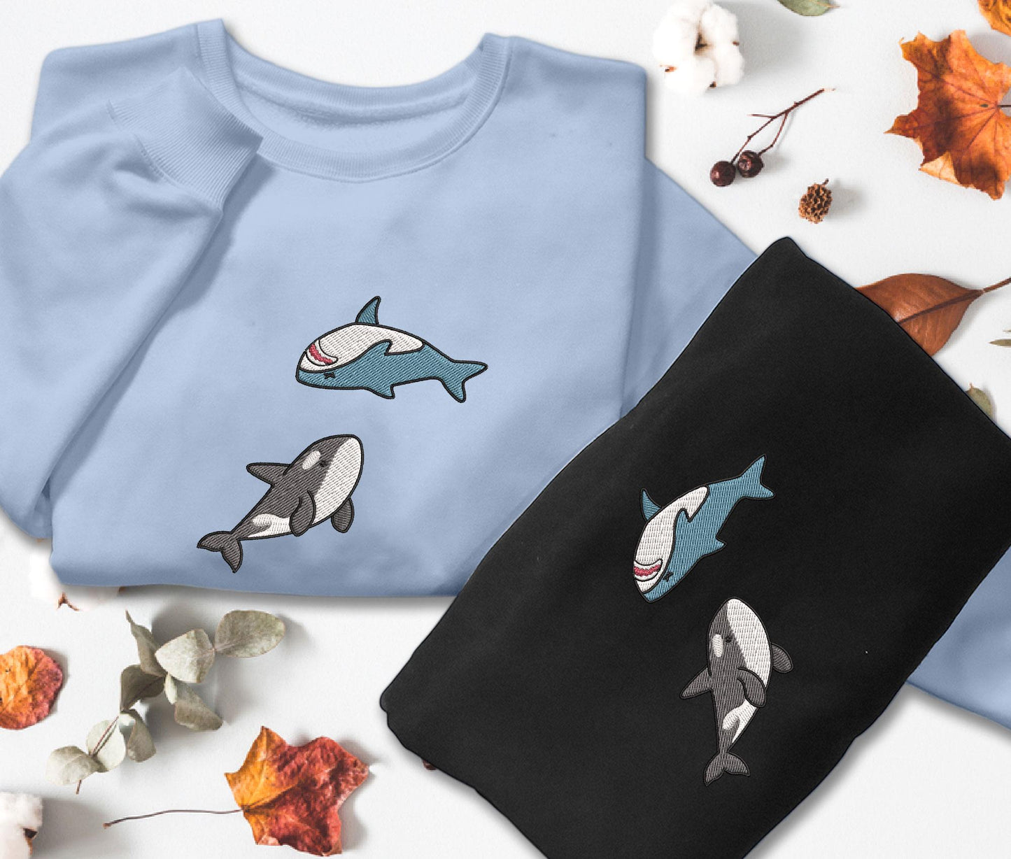 Cute Orca and Shark Embroidered Sweatshirt | Ocean Lover Gift
