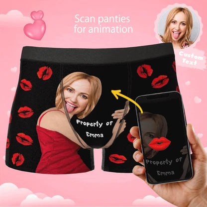 Product image illustrating phone scanning of personalized red-lip boxer briefs