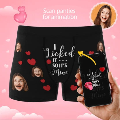 Product image illustrating phone scanning of black custom photo boxer briefs