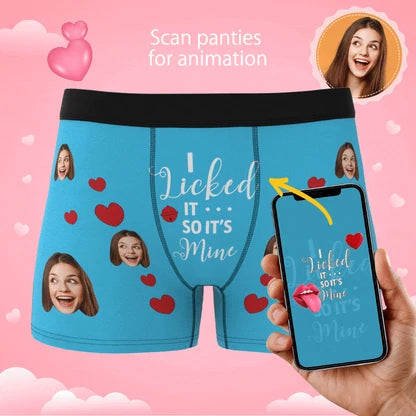 Product image illustrating phone scanning of blue personalized boxer briefs