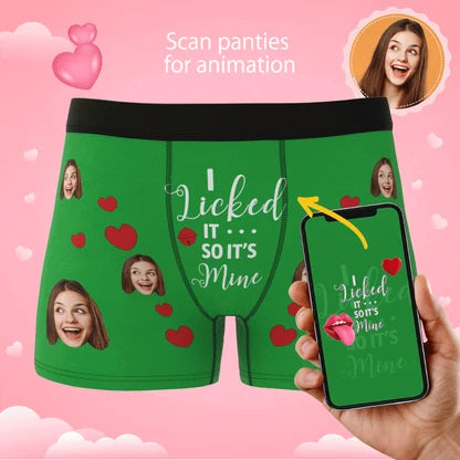 Product image illustrating phone scanning of green personalized boxer briefs