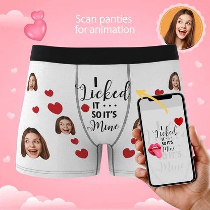 Product image illustrating phone scanning of white personalized boxer briefs