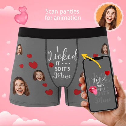 Product image illustrating phone scanning of gray personalized boxer briefs