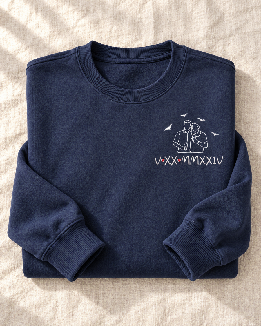 Halloween Special Custom: Embroidered Couple Photo Hoodie with Roman Numeral Date Commemorative Gift