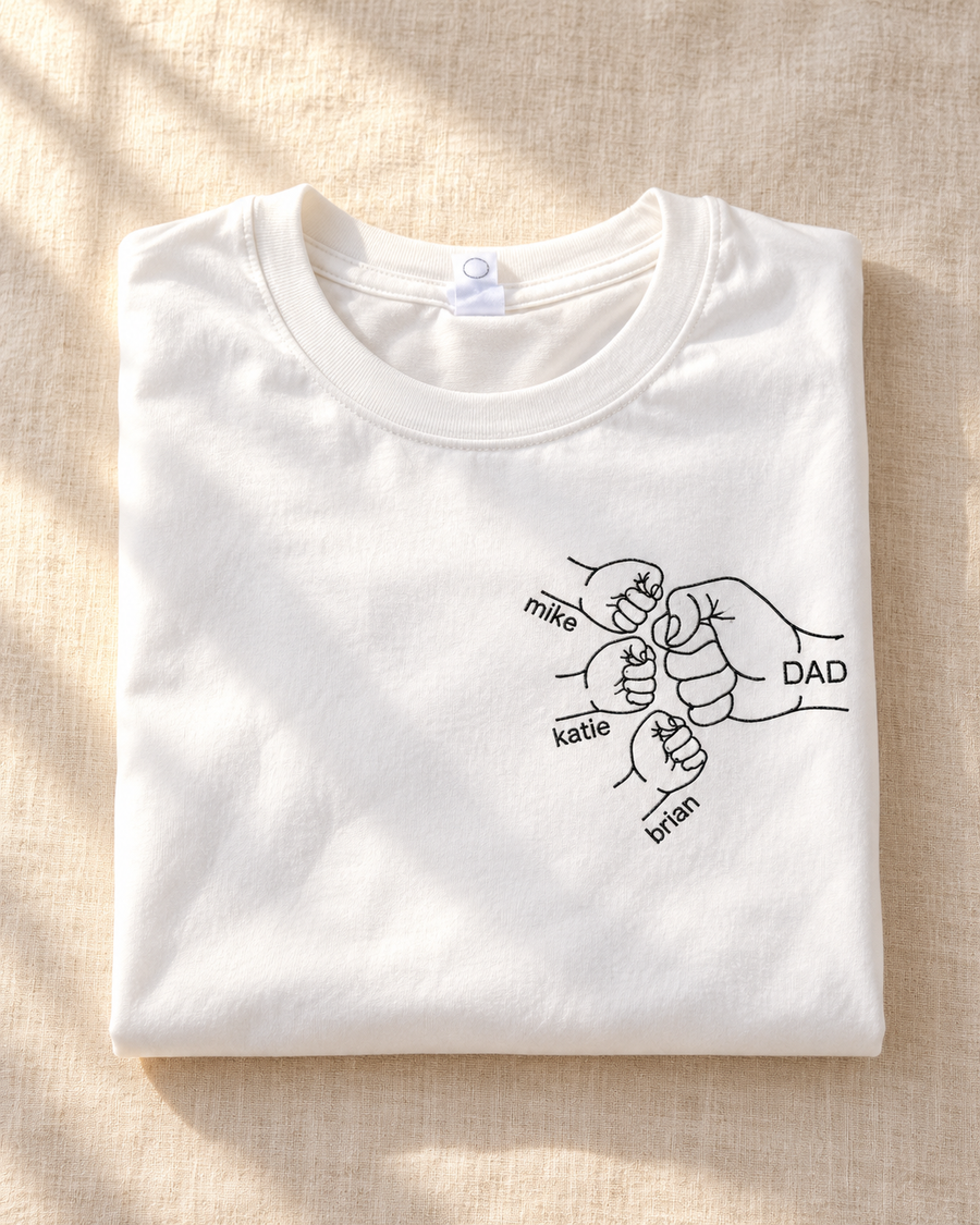 Custom Family T-Shirt: Embroidered Dad Fist Bump with Kids' Names – Perfect Father's Day Gift Tee