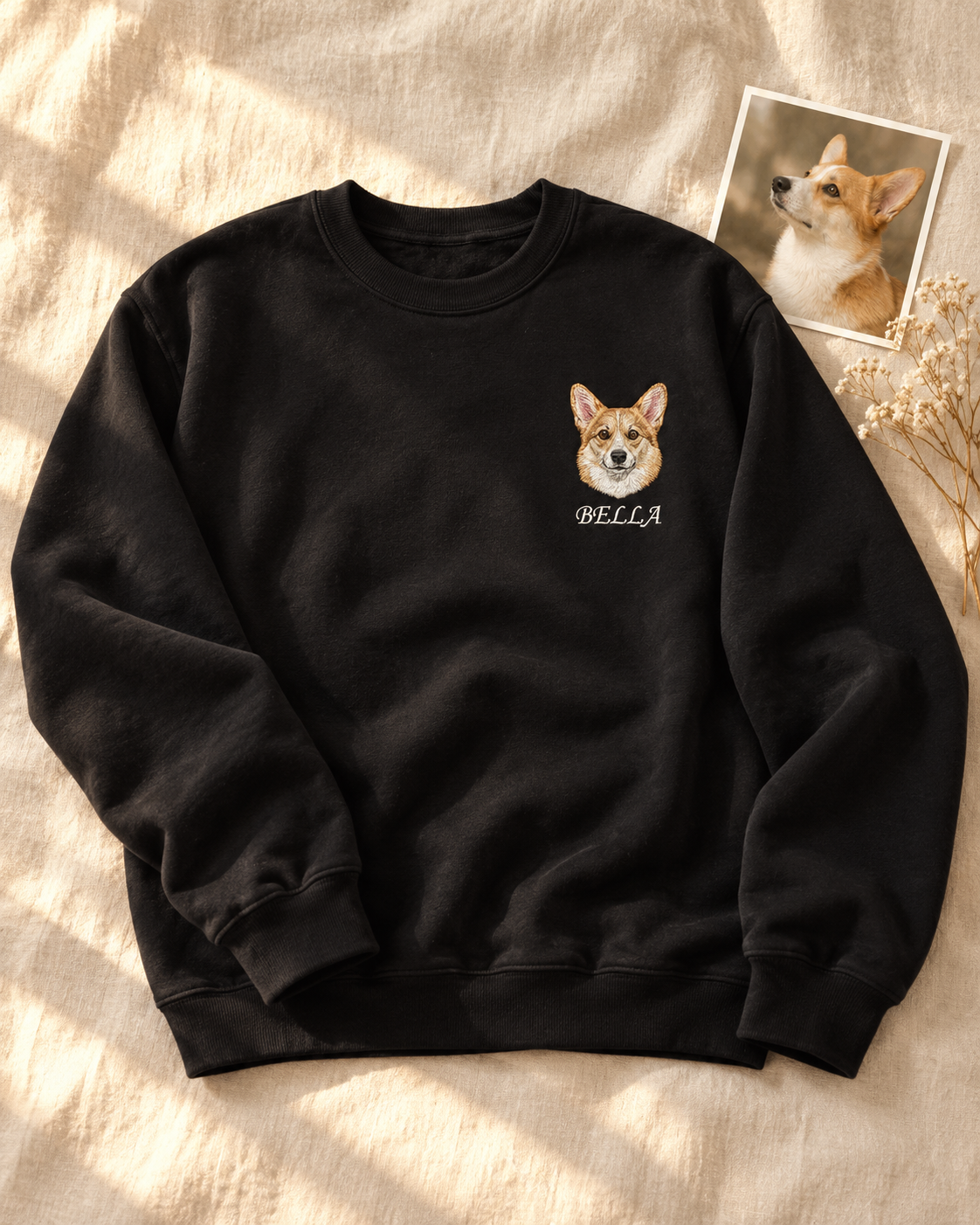 AI-styled pet sweatshirt with reference photograph